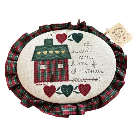 Valorie Stockwell Folk Art Applique Green Red Tartan Christmas Wicker Basket NWT - Picture 3 of 10
